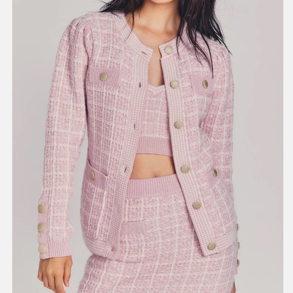 LoveShackFancy Rollins Checkered Tweed Sweater pink winds